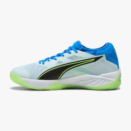 Zapatillas balonmano Puma Eliminate Nitro SQD 4 azul y verde left
